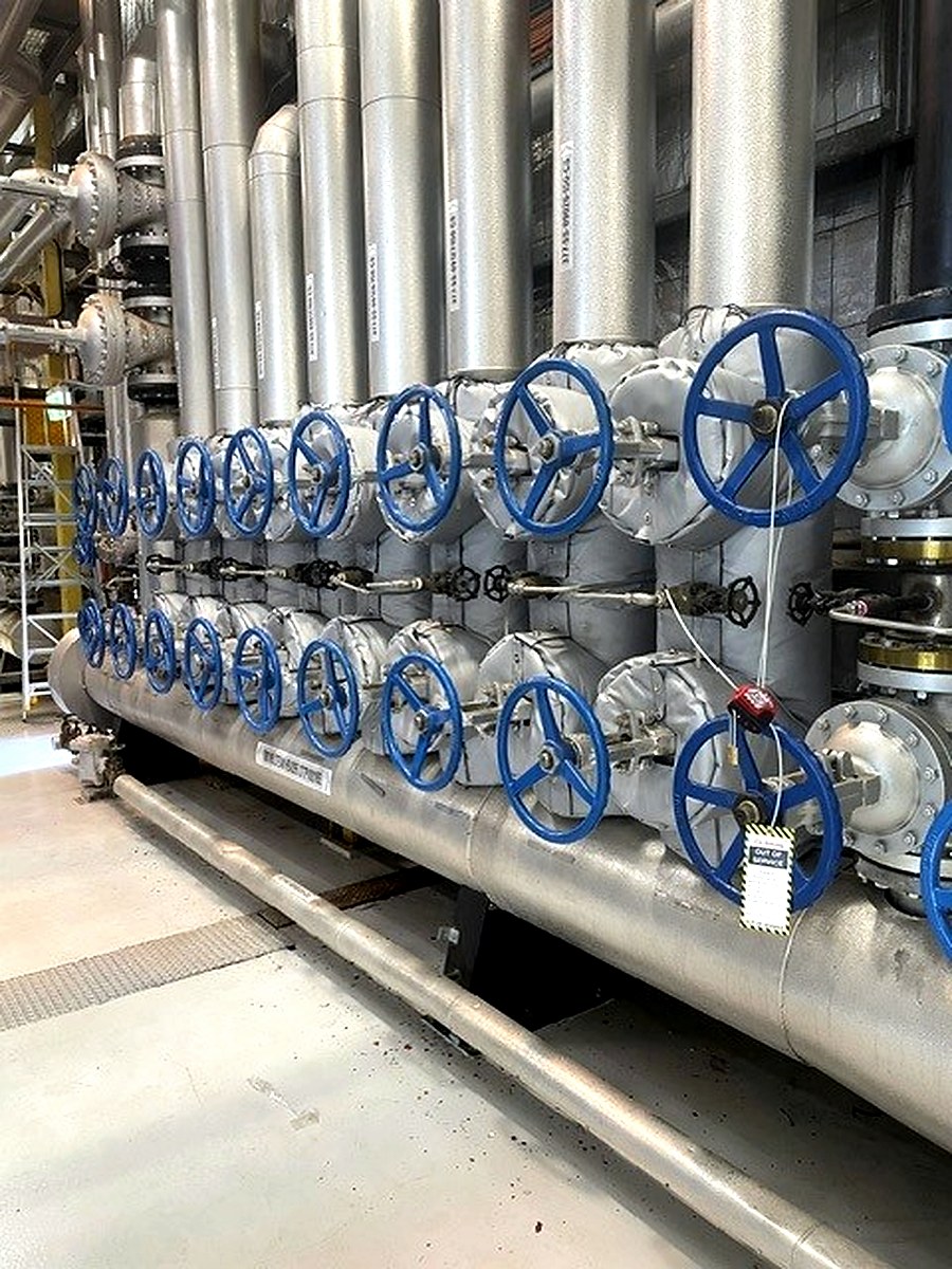 Dense array of valve assemblies with insulation and blue handwheels on a large industrial manifold